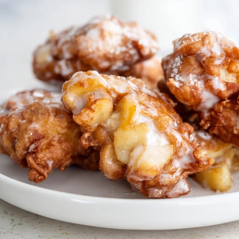 Homemade apple fritters, featuring fresh apples and a light, vanilla-kissed glaze, beautifully fried.
