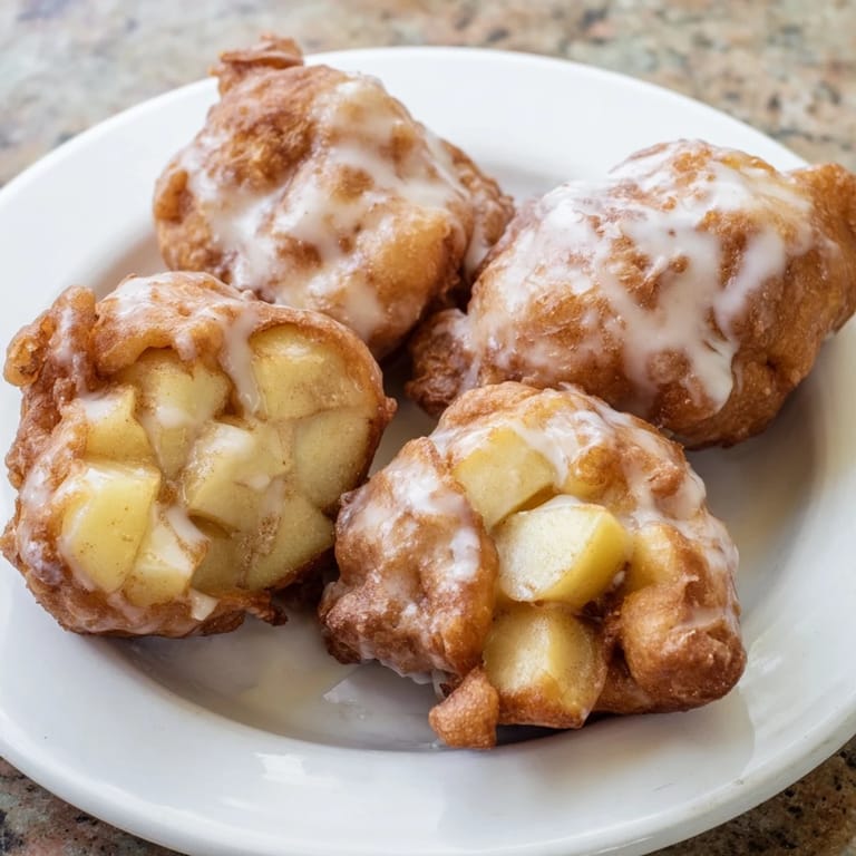 Warm apple fritters, perfectly crisp outside with tender apple inside, ready to enjoy.