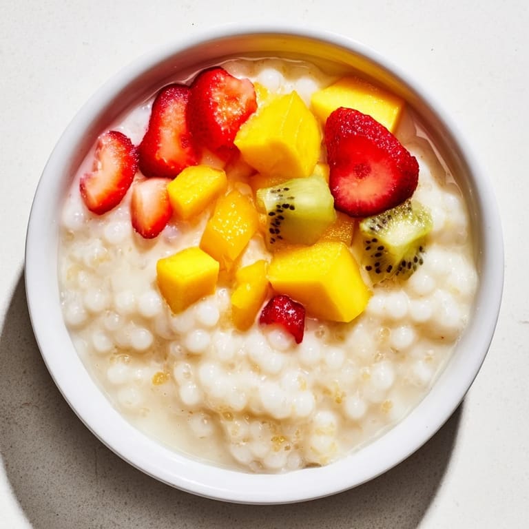 Creamy, homemade Tapioca Pudding featuring soft tapioca pearls and a vibrant fruit garnish is ready.