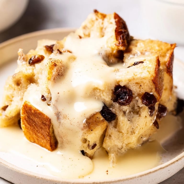 Warm bread pudding with a rich custard base, served and ready to be enjoyed.