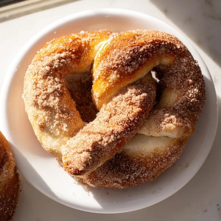 Freshly baked Cinnamon Sugar Pretzels, appealing to the eye with their twisted shape, dusted with sweet cinnamon.