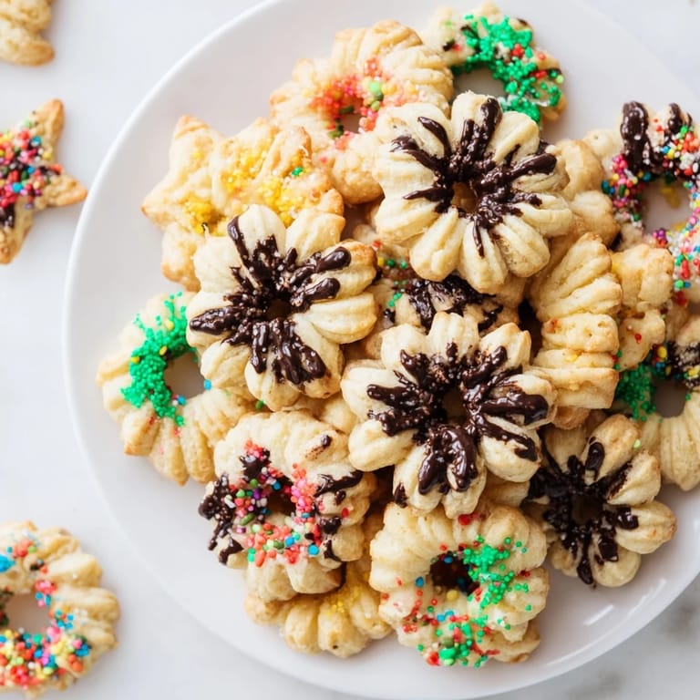 Close-up of freshly baked Spritz Cookies, decorated with colorful sprinkles and ready to enjoy.