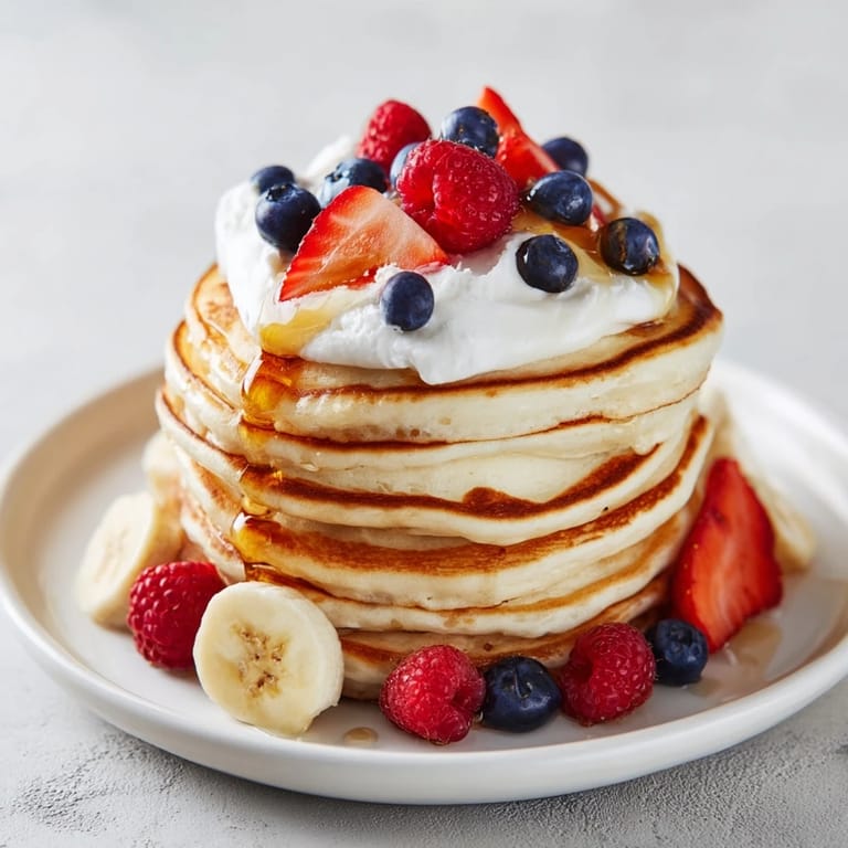 Fluffy silver dollar pancakes, a perfect breakfast, topped with fresh, juicy blueberries and whipped cream.