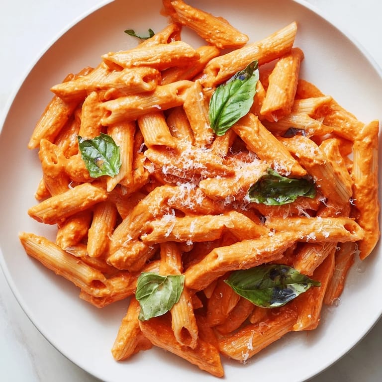 Penner pasta coated in a vibrant orange roasted red pepper sauce, served steaming hot with garlic notes.