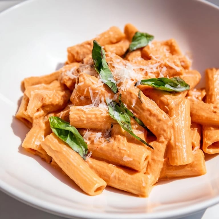A serving of roasted red pepper pasta with a glass of white wine and crusty bread nearby.