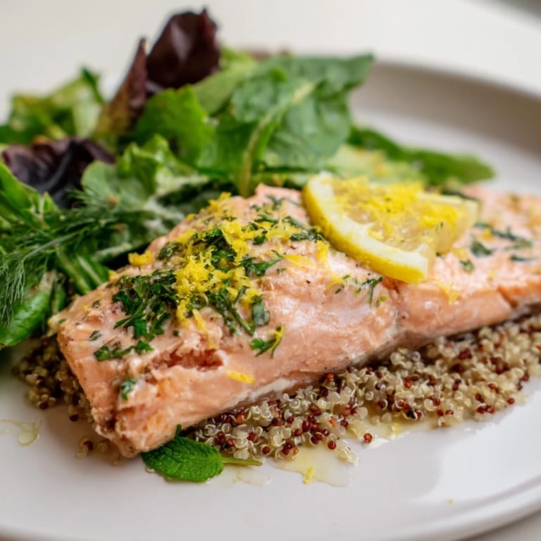 Lemon herb salmon salad showcases golden salmon fillets on a bed of mixed greens and quinoa.