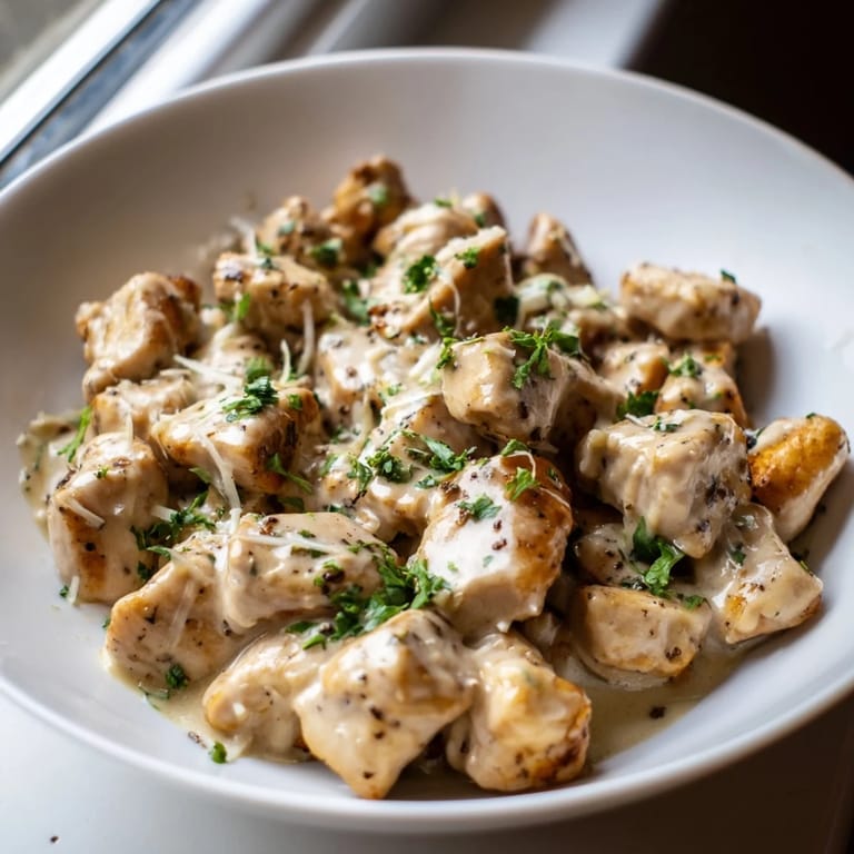 Spoonful of Creamy Garlic Chicken Bites revealing tender meat inside a luscious garlic cream sauce.