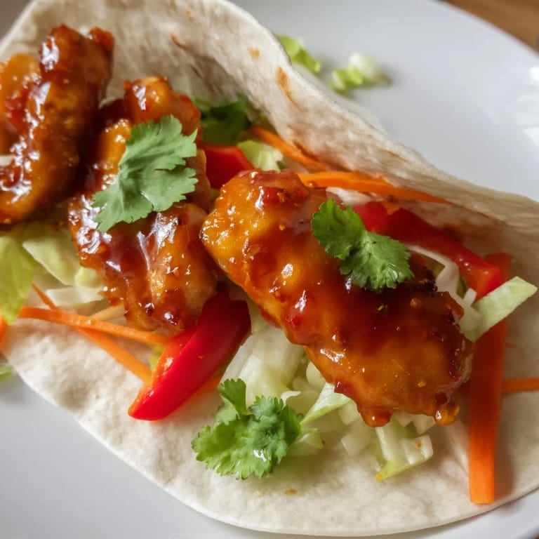 Close-up of a Honey Sriracha Chicken Wrap, sliced to reveal juicy chicken and crunchy veggies drizzled with spicy-sweet glaze.