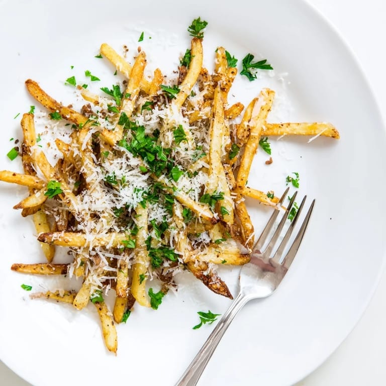 A close-up of seasoned Truffle Parmesan Fries, highlighting the golden crust and freshly grated cheese on a warm serving dish.