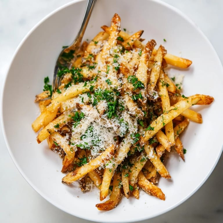 Homemade oven-baked Truffle Parmesan Fries, glistening with truffle oil and topped with melted Parmesan and chopped parsley.