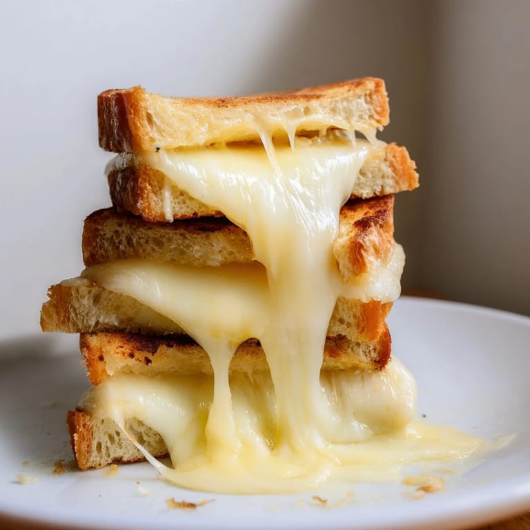 Overhead view of a cut Triple Cheese Sourdough Grilled Cheese, revealing layers of provolone and mozzarella inside thick, buttery sourdough slices.