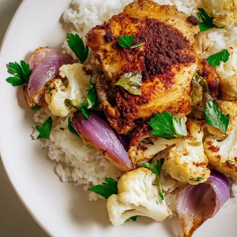 A close-up of Roasted Cauliflower Chicken Sheet Pan, featuring juicy thighs, spiced florets, and bright parsley garnish.