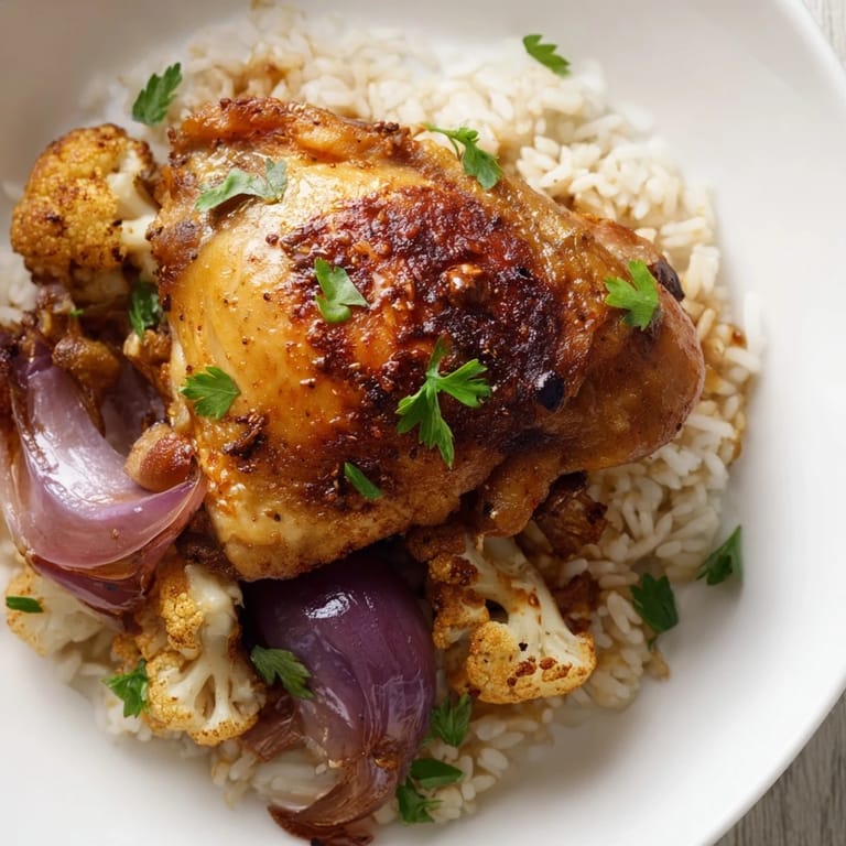 On a table setting, Roasted Cauliflower Chicken Sheet Pan is plated beside basmati rice and cucumber salad.