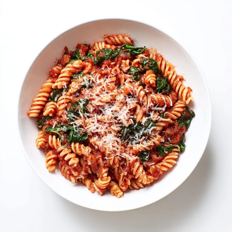 Spoonful of tender tomato spinach one-pot rotini, garnished with Parmesan, ready for a comforting meal.