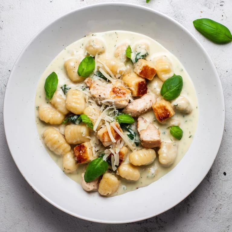Juicy chicken nestled among tender gnocchi coated in velvety basil pesto cream, perfect alongside a chilled Pinot Grigio.