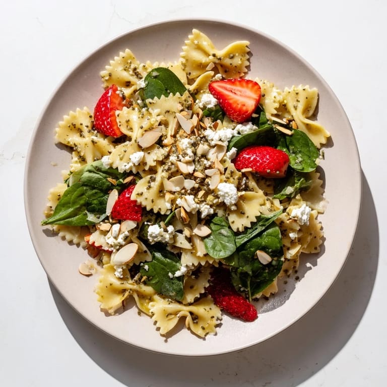 Spring Spinach Strawberry Pasta Salad served in a white bowl with crumbled feta and fresh basil on top.  