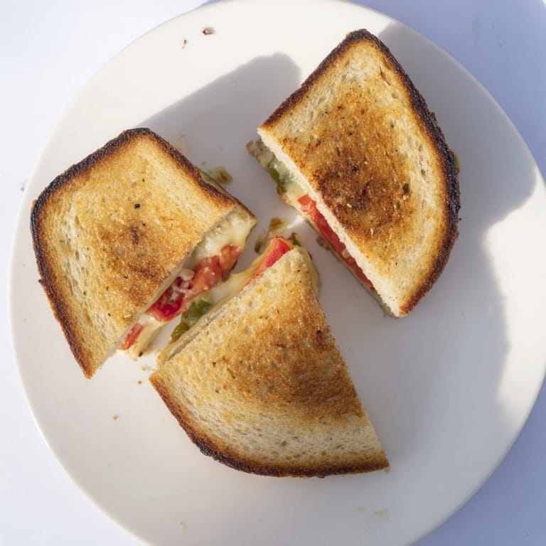 Buttered bread grills to crispy perfection while fresh tomatoes and pepper jack cheese create a spicy, comforting sandwich.