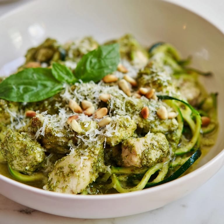 A close-up of a healthy Pesto Zucchini Chicken Bowl featuring tender chicken bites, zesty lemon juice, and bright green pesto-coated zucchini noodles, ready to serve.