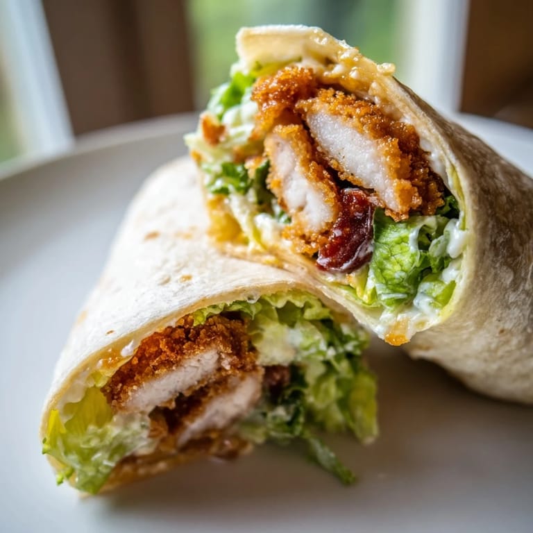 Freshly chopped romaine and creamy Caesar salad filling a handheld wrap with crispy panko-crusted chicken and a drizzle of hot honey.