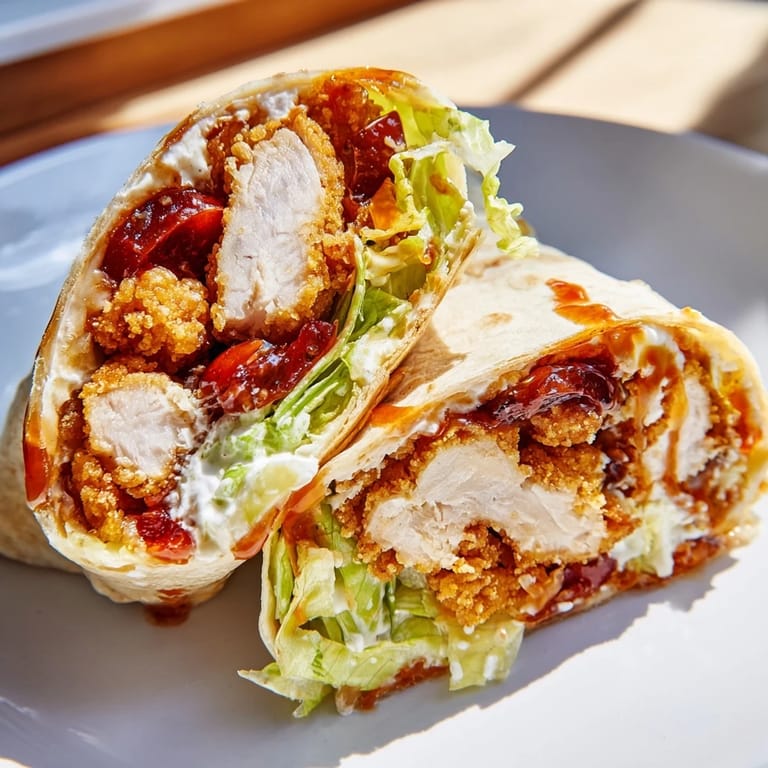 A toasted flour tortilla rolled tight around spicy hot honey chicken and crunchy romaine Caesar salad, served ready to eat.