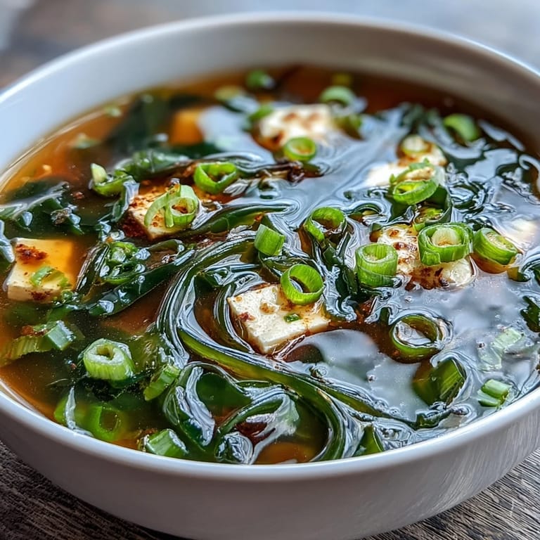 Vibrant Japanese wakame soup garnished with sliced scallions, served hot as a light appetizer or side.  