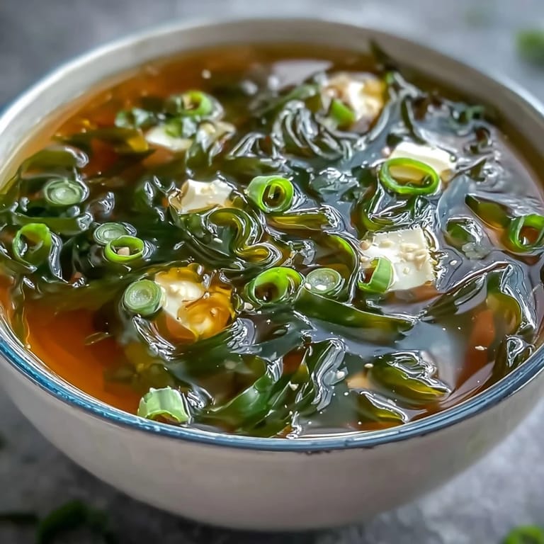 Tender wakame seaweed and soft tofu in a warm miso broth, perfect for a quick, comforting meal.