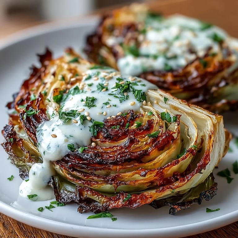 Tender, caramelized cabbage steaks showcasing smoky paprika and zesty tahini glaze.