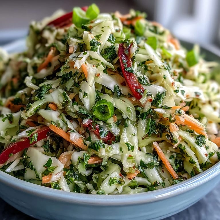 A close-up of Sauerkraut Slaw tossed with fresh green cabbage and green onions, highlighting the crunchy texture of this tangy, vegan side dish.