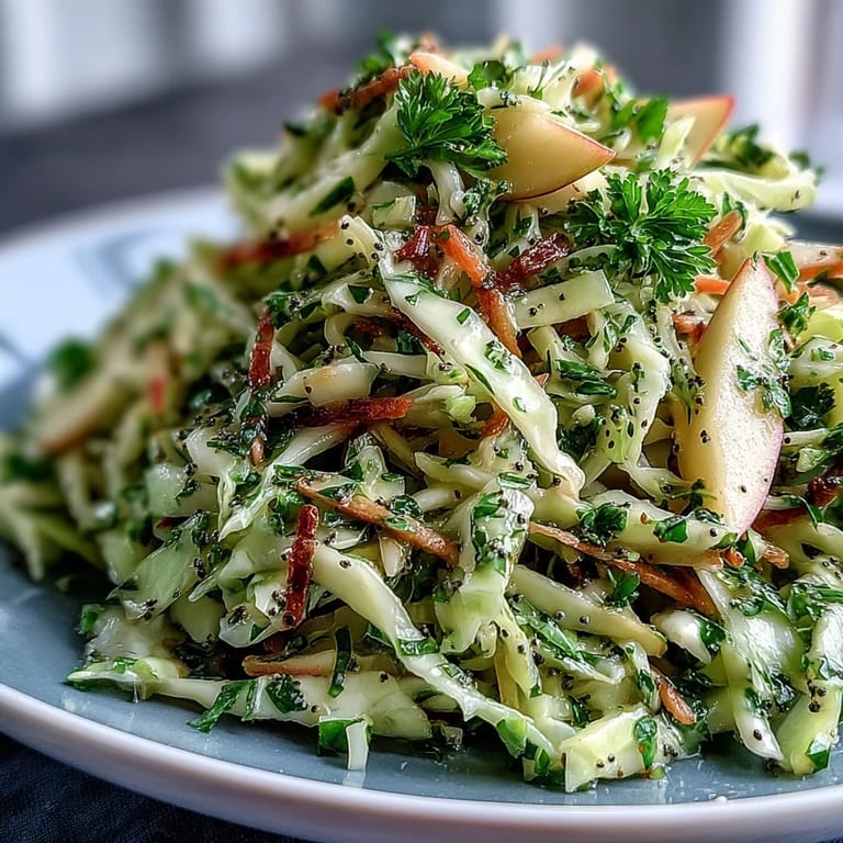 This Green Cabbage and Apple Slaw is piled high on a plate, topped with fresh parsley and poppy seeds for extra texture.