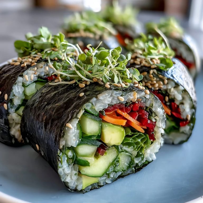Gluten-free vegan nori rolls filled with vibrant vegetables, displayed alongside pickled ginger and wasabi for a light snack.