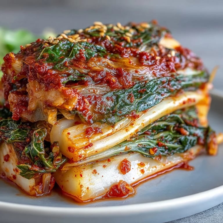 A close-up of freshly made kimchi in a mixing bowl, featuring bright orange carrots and green scallions mixed into the bold red spice coating.  