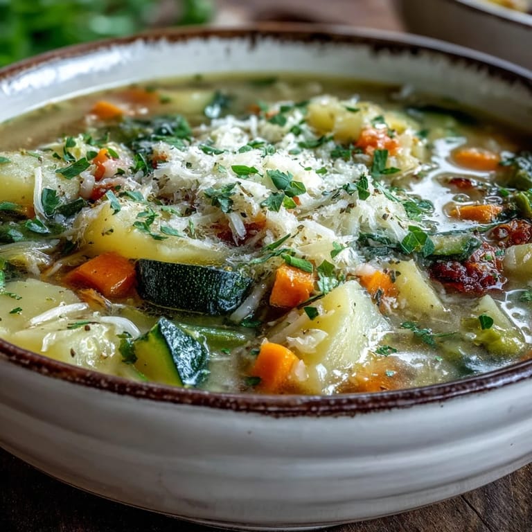 Freshly grated Parmesan melts into a ladle of hearty vegetable soup, garnished with parsley and served with crusty bread.