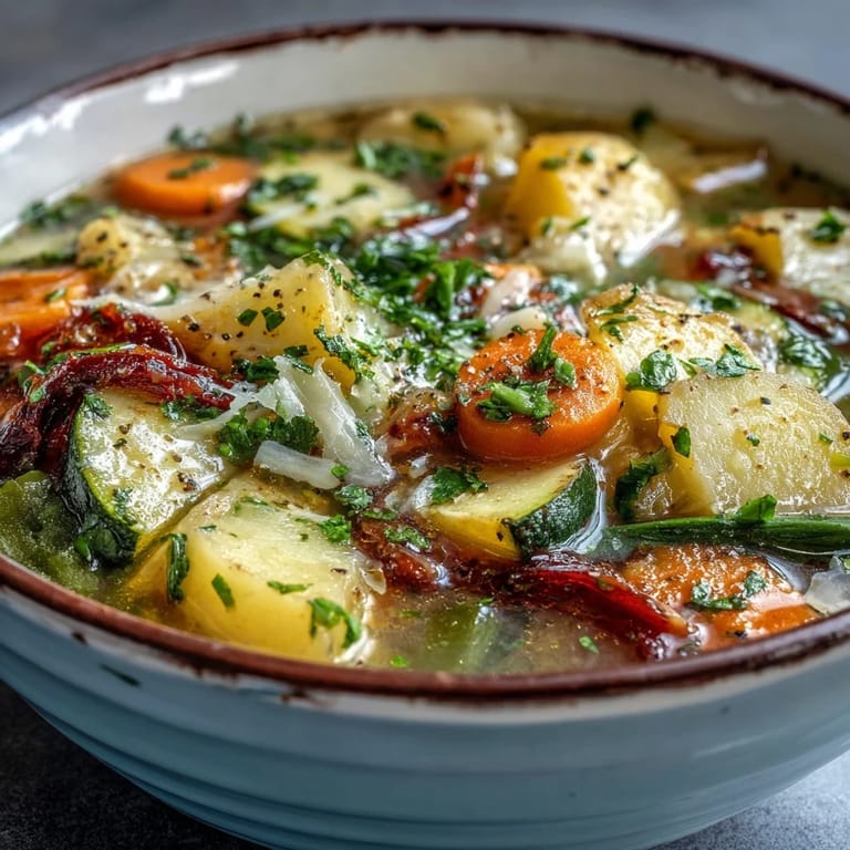 Close-up of a simmering pot of Parmesan Veggie Soup, revealing tender potatoes and diced tomatoes enriched with savory Italian herbs.