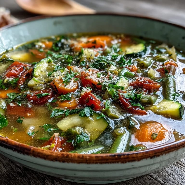 A steaming bowl of Italian Herb Vegetable Soup garnished with parsley and served alongside crusty artisan bread.
