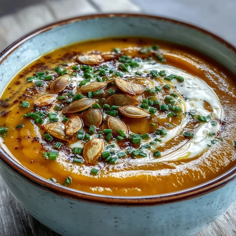 A bowl of velvety Pumpkin Soup garnished with toasted pumpkin seeds and a swirl of cream.