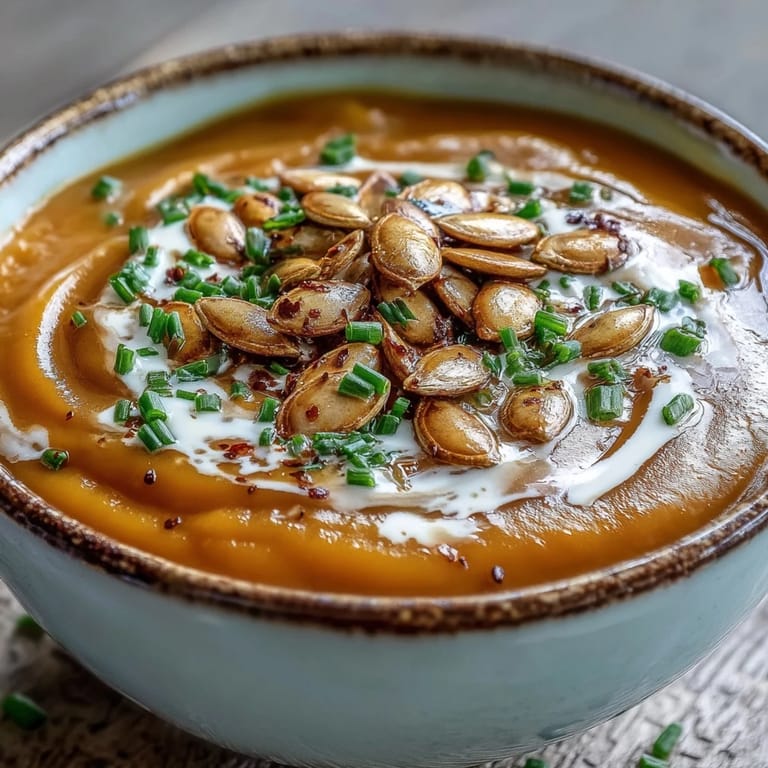 Homemade Pumpkin Soup in a white bowl next to crusty bread and a spoon for dipping.