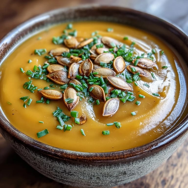 A close-up of velvety Acorn Squash Soup, garnished with fresh chives and seeds, steam rising gently from its rich, orange surface.