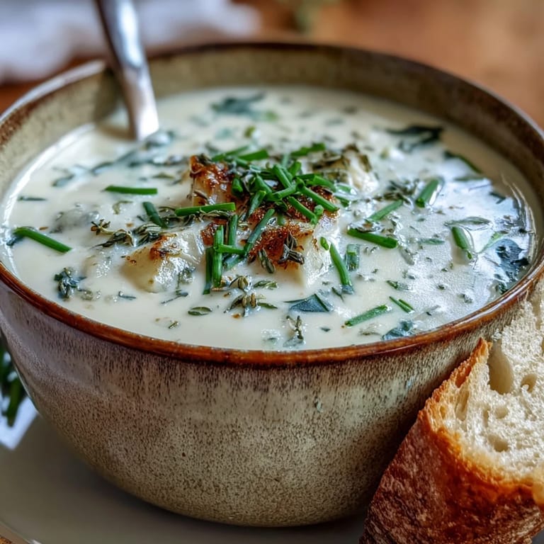 Cozy bowl of roasted garlic and herb soup next to a warm baguette, perfect for chilly autumn evenings.
