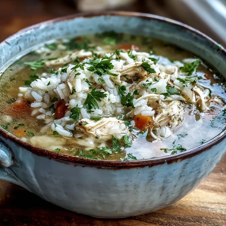 Steam rises from a bowl of Cozy Winter Chicken and Rice Soup, served with a lemon wedge and crusty bread.
