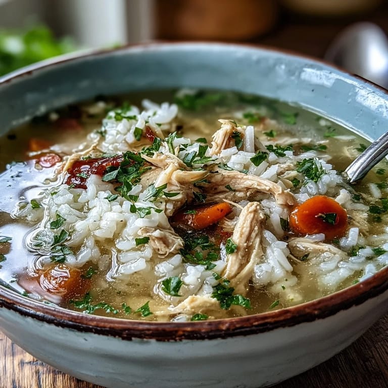 Hearty Cozy Winter Chicken and Rice Soup features fluffy rice, carrots, and celery in a savory golden broth.