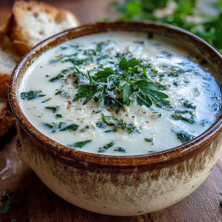 Steaming Garlic and Herb Soup with golden potatoes and melted Parmesan, perfect for a cozy vegetarian meal.