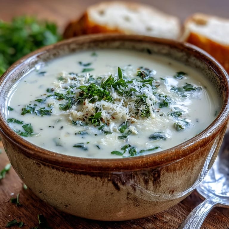 Smooth blended Garlic and Herb Soup in a white ceramic bowl, garnished with chopped chives and thyme.