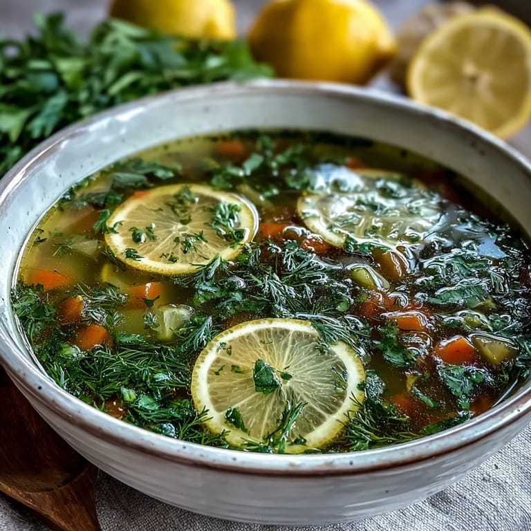 A rustic serving of Lemon Herb Soup next to crusty bread and a spoon, highlighting the citrusy herbs.