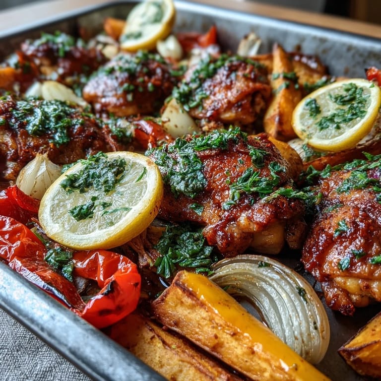 Golden chicken thighs and roasted sweet potato chunks shine in a colorful piri-piri traybake with cherry tomatoes.