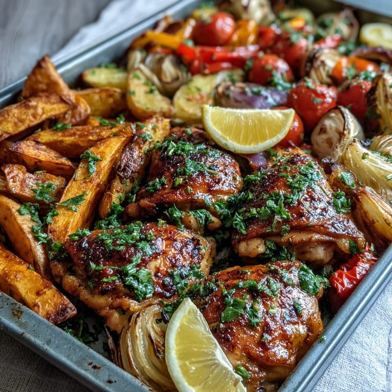 Serve this sizzling Chicken and Sweet Potato Traybake garnished with fresh herbs and lemon wedges for a bright finish.