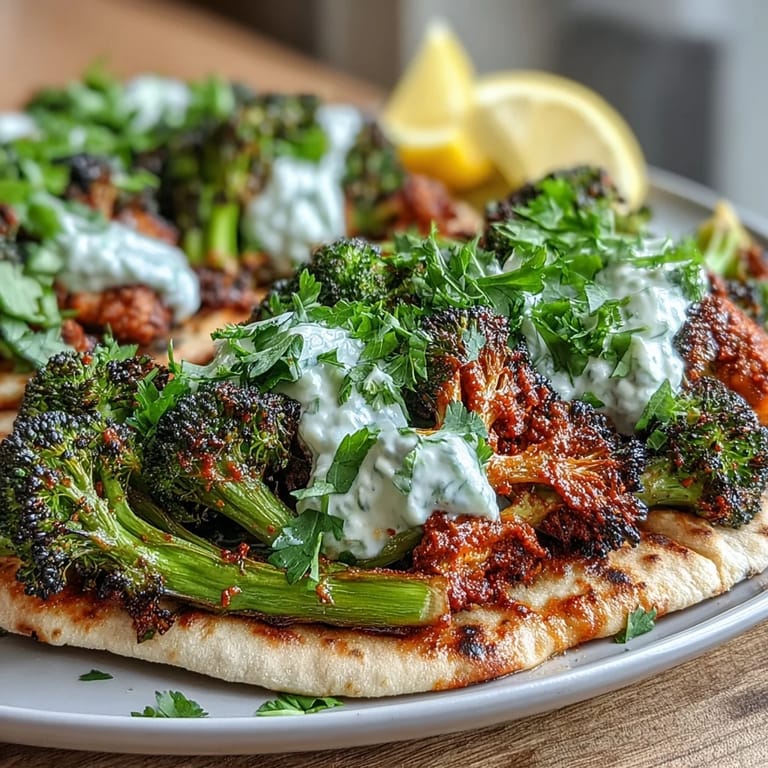 Spicy harissa broccoli and flatbreads garnished with lemon wedges and chopped cilantro on a platter.