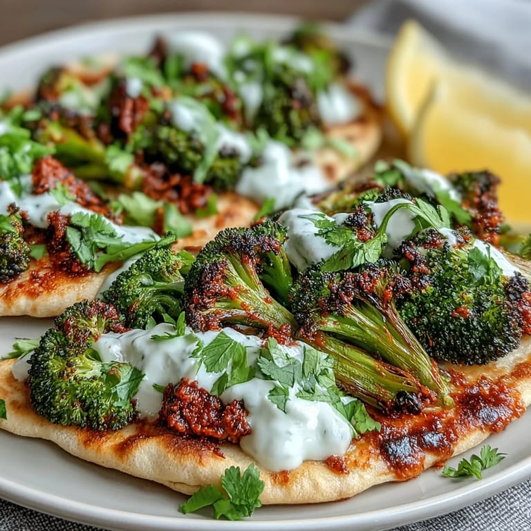 Golden, crispy-edged broccoli florets tossed in spicy harissa sauce ready to serve for dinner.