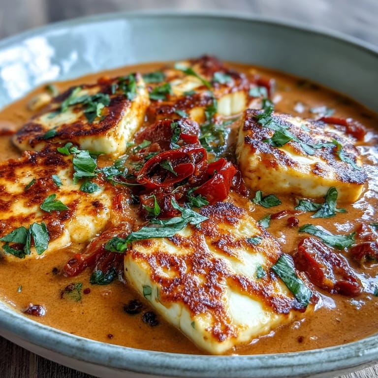 A close-up of rich halloumi curry with vibrant tomato sauce and a swirl of coconut milk, topped with chopped cilantro.