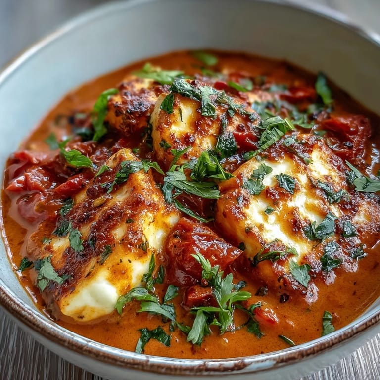 Steaming creamy halloumi and tomato curry in a skillet, accompanied by warm naan bread and fresh lemon wedges for squeezing.