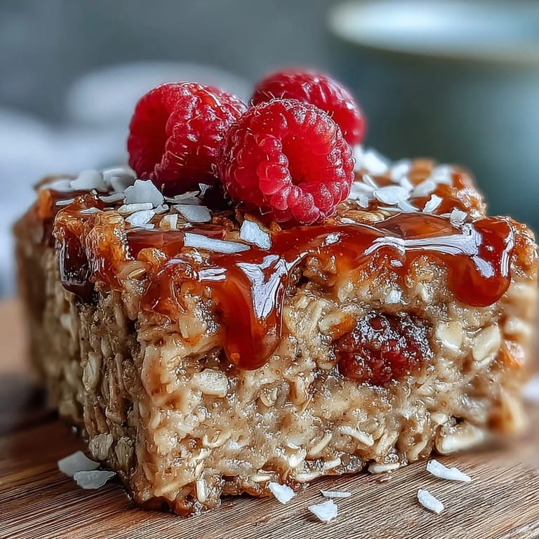 Vegan Baked Oatmeal with Raspberry and Coconut cooling on a tray, showcasing juicy raspberries and toasty coconut flakes in morning light.